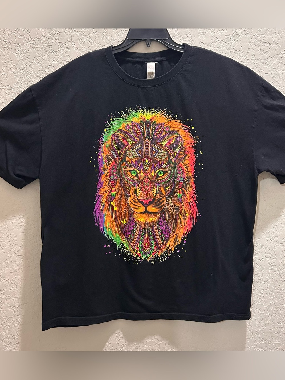Mexican Aztec Lion Graphic T Shirt Mens XXL Black Neon-Black Light Reactive